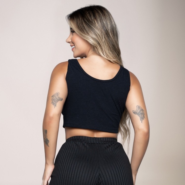 Cropped Regata Canelado Feminino Preto