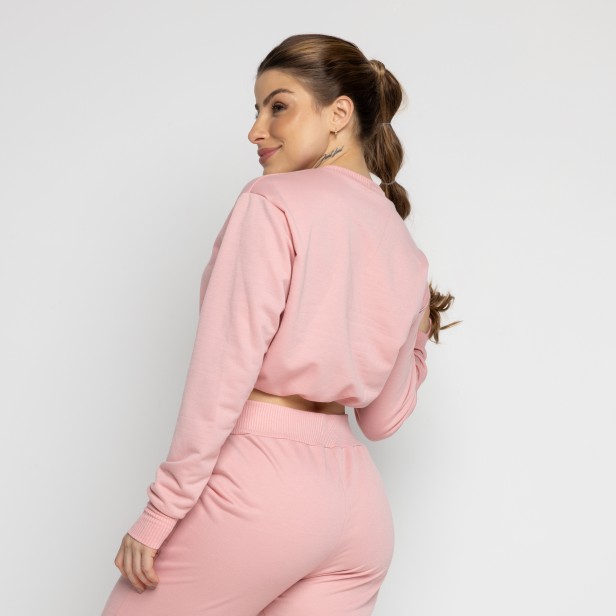 Cropped Manga Longa Moletinho Com Regulagem Rosa