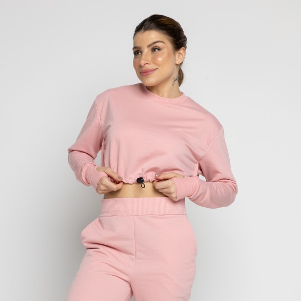 Cropped Manga Longa Moletinho Com Regulagem Rosa