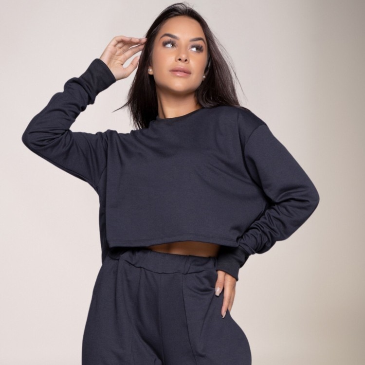 Cropped Moletinho Manga Longa Basic Preto