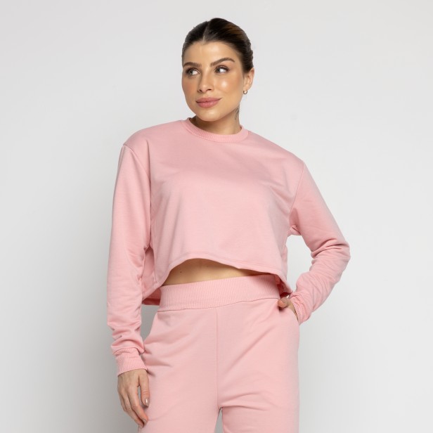 Cropped Moletinho Manga Longa Basic Rosa