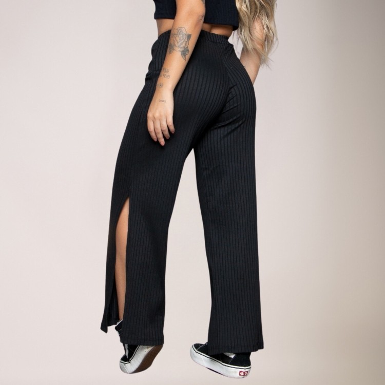 Calça Flare Pantalona Cintura Alta Com Fenda Preto