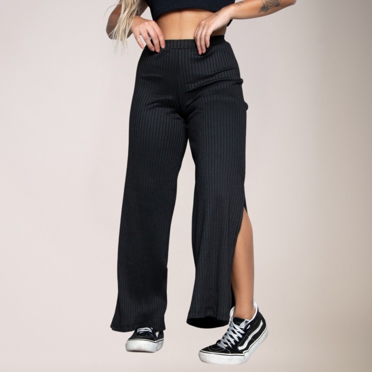 Calça Flare Pantalona Cintura Alta Com Fenda Preto