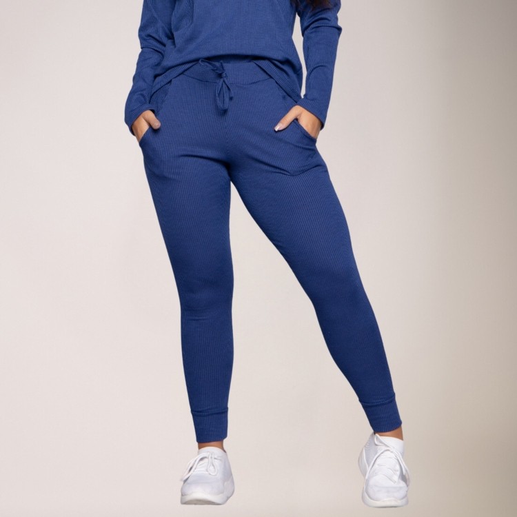 Calça Jogger Comfy Canelada Feminina Com Bolso Marinho