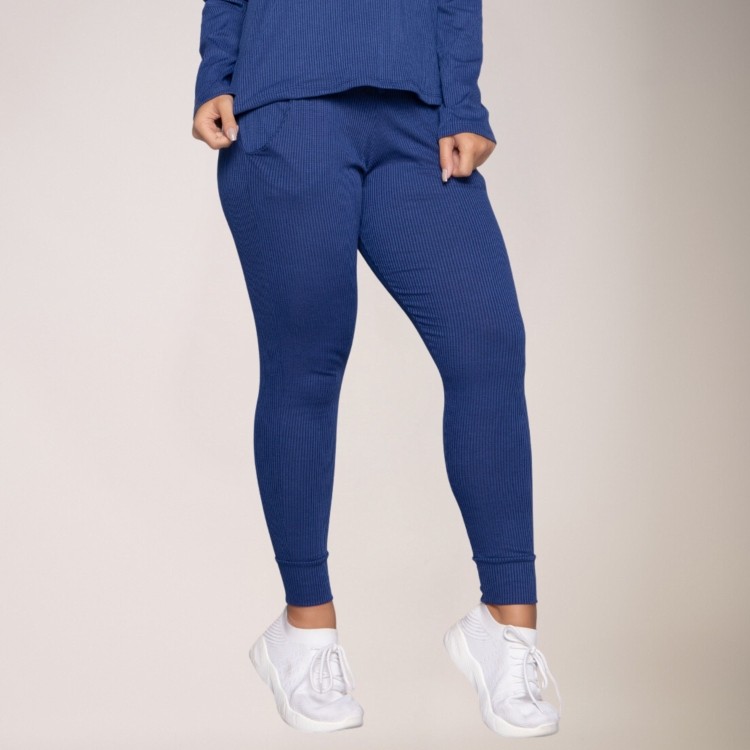 Calça Jogger Comfy Canelada Feminina Com Bolso Marinho