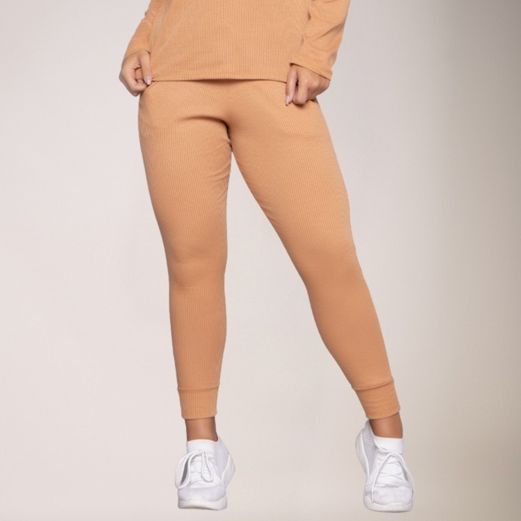 Calça Jogger Comfy Canelada Feminina Com Bolso Caramelo