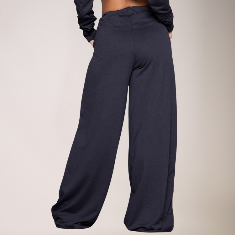 Calça Wide Leg Pantalona Cintura Alta Bolso Moletinho Preto