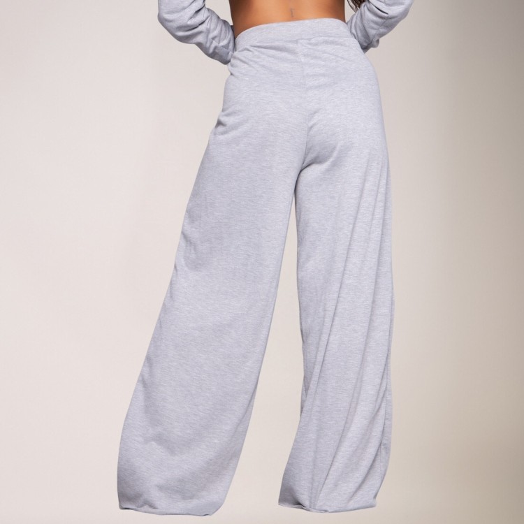 Calça Wide Leg Pantalona Cintura Alta Bolso Moletinho Cinza