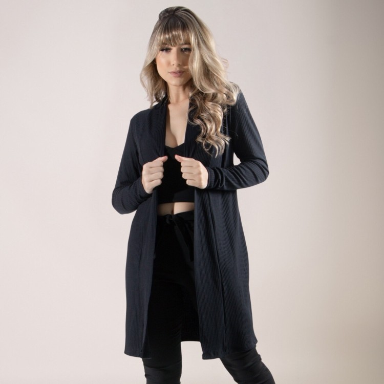 Cardigan Kimono Canelado Manga Longa Preto