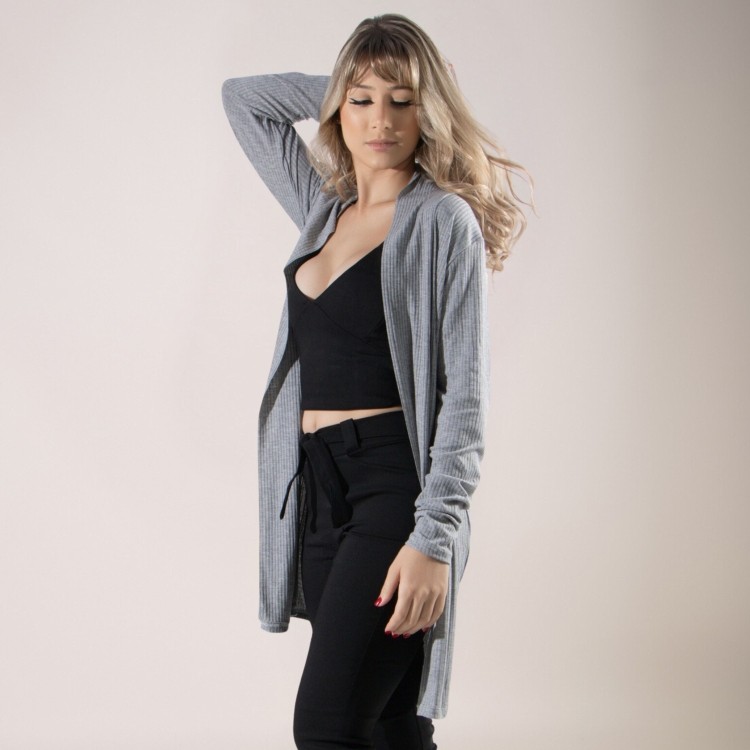 Cardigan Kimono Canelado Manga Longa Cinza