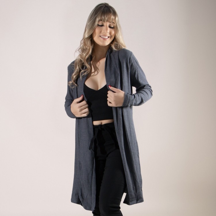 Cardigan Kimono Canelado Manga Longa Chumbo