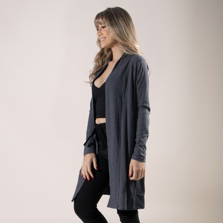 Cardigan Kimono Canelado Manga Longa Chumbo