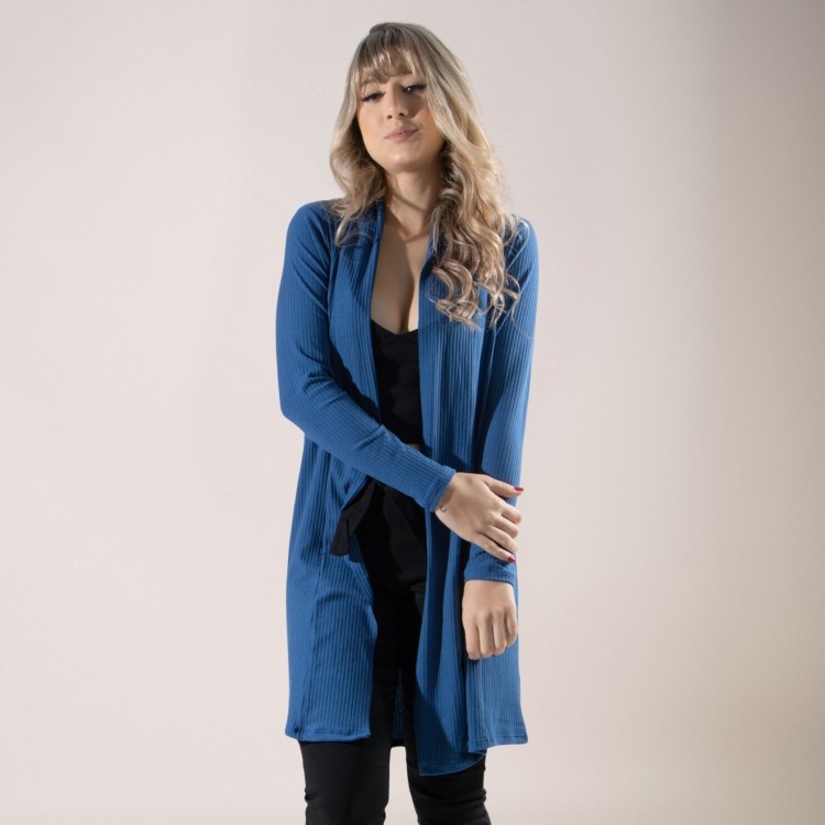 Cardigan Kimono Canelado Manga Longa Azul