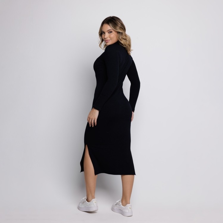 Vestido Midi Canelado Gola Alta Manga Longa Preto