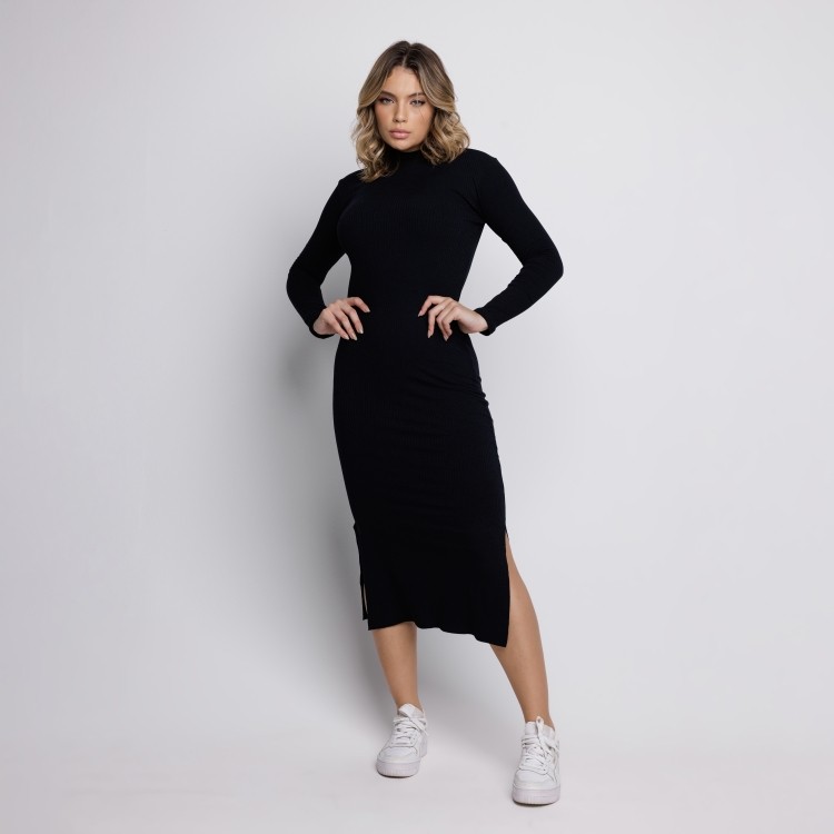 Vestido Midi Canelado Gola Alta Manga Longa Preto