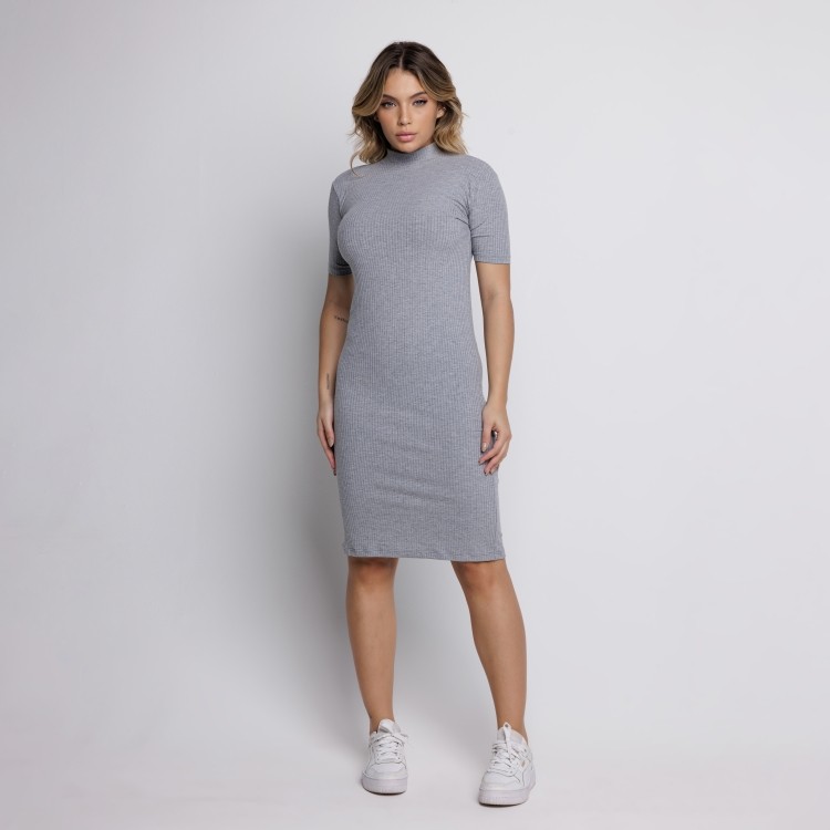 Vestido Midi Gola Alta Canelado Cinza