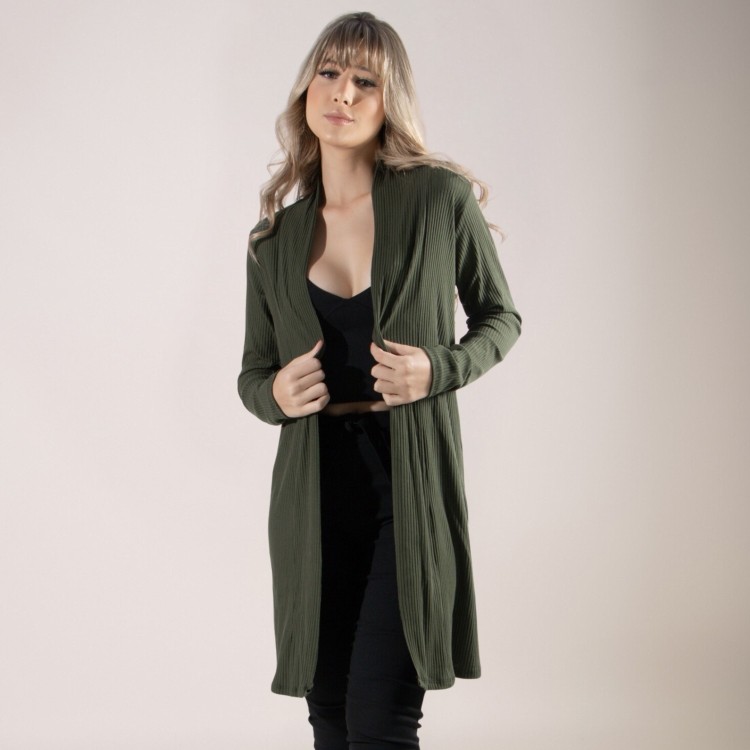 Cardigan Kimono Canelado Manga Longa Verde