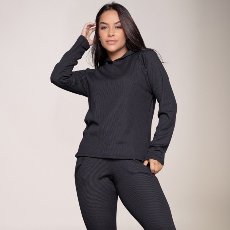 Casaco Feminino Canelada Com Capuz Comfy Preto