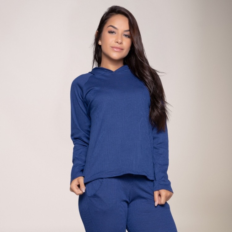 Casaco Feminino Canelada Com Capuz Comfy Marinho