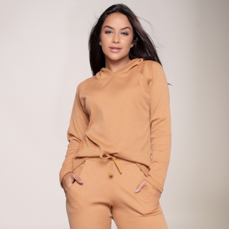 Casaco Feminino Canelada Com Capuz Comfy Caramelo