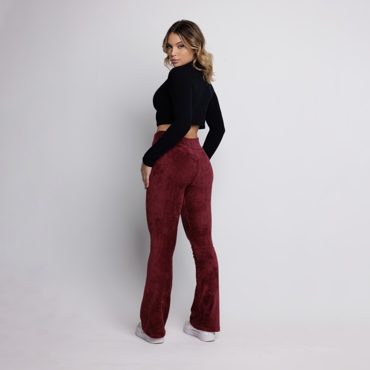 Calça Flare Veludo Cotelê Cintura Alta Vinho