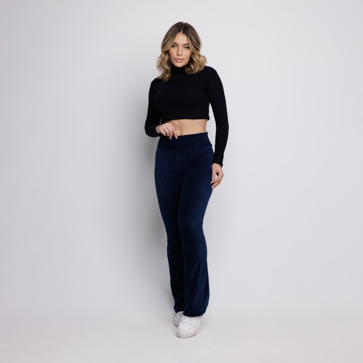 Calça Flare Veludo Cotelê Cintura Alta Marinho