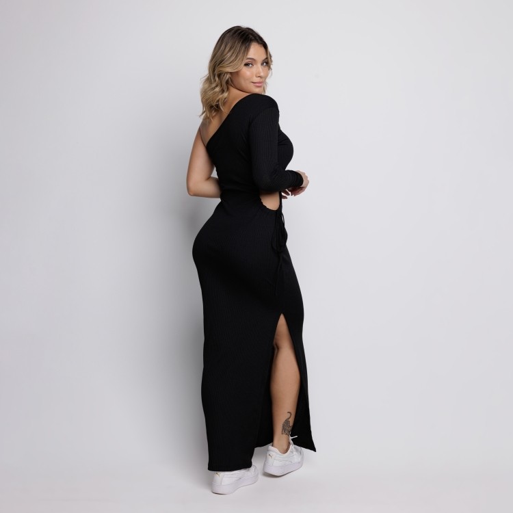 Vestido Ombro Só Canelado Com Fenda Preto