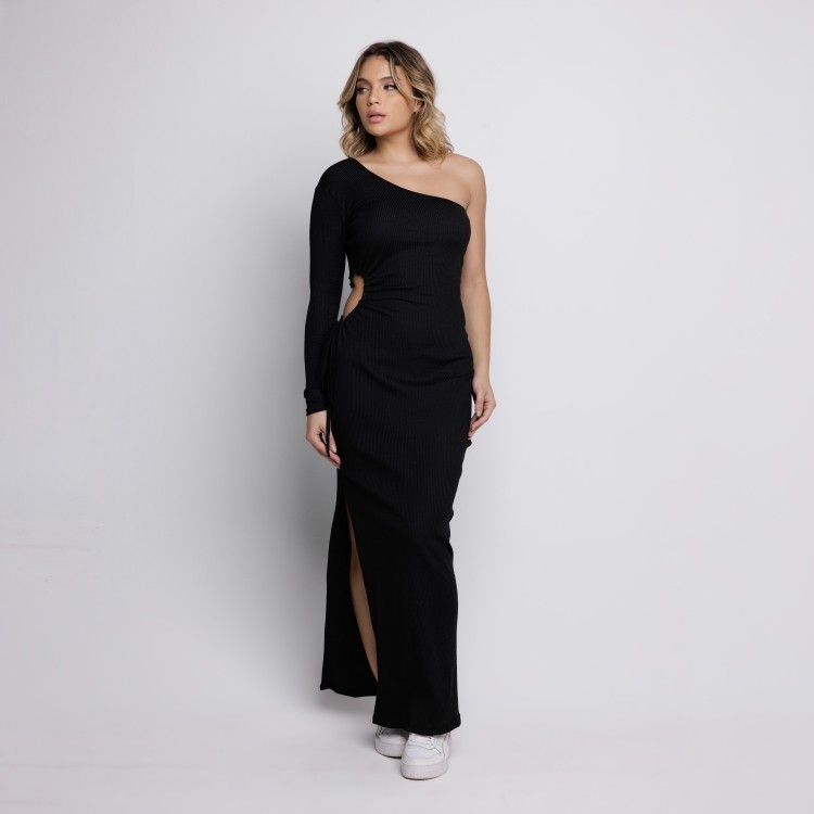 Vestido Ombro Só Canelado Com Fenda Preto
