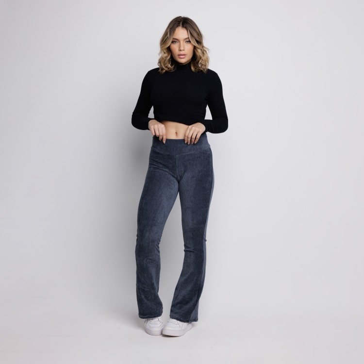Calça Flare Veludo Cotelê Cintura Alta Cinza