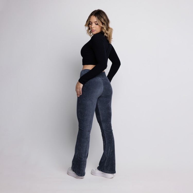 Calça Flare Veludo Cotelê Cintura Alta Cinza