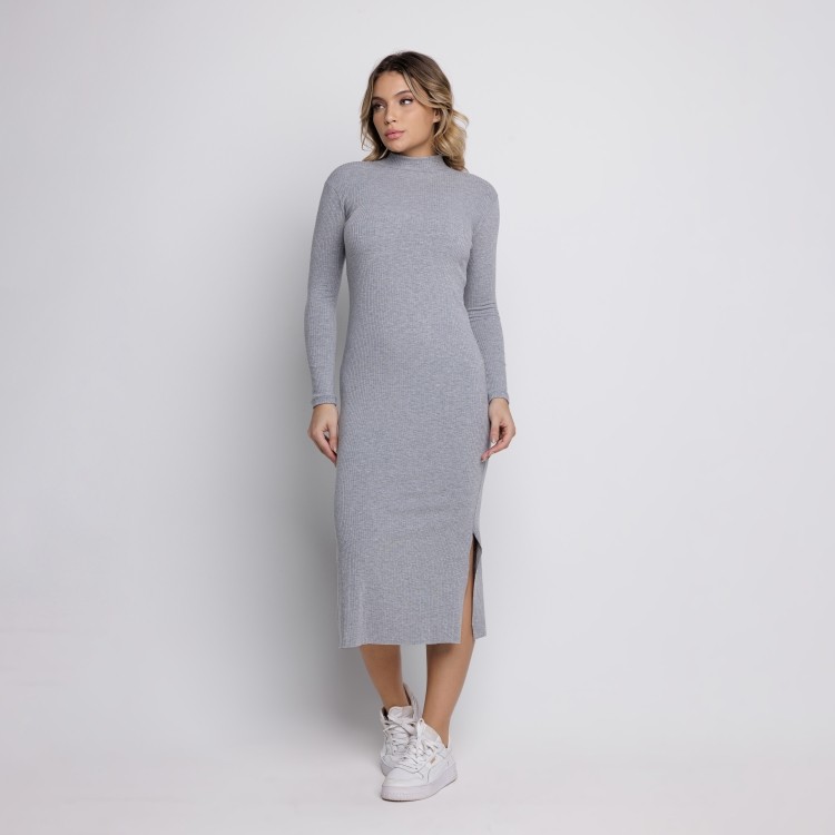 Vestido Midi Canelado Gola Alta Manga Longa Cinza