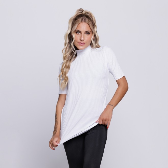 Blusa Canelada Gola Alta Manga Curta Branco