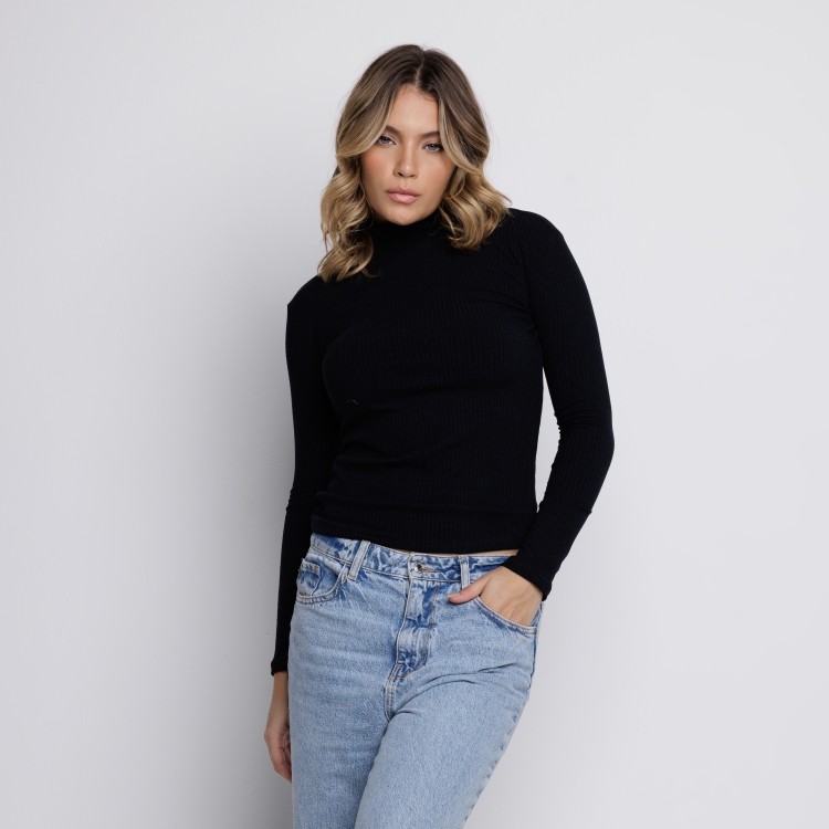 Blusa Canelada Gola Alta Manga Longa Preto