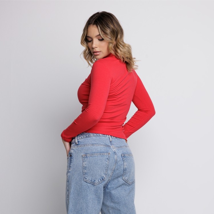 Blusa Canelada Gola Alta Manga Longa Vermelho