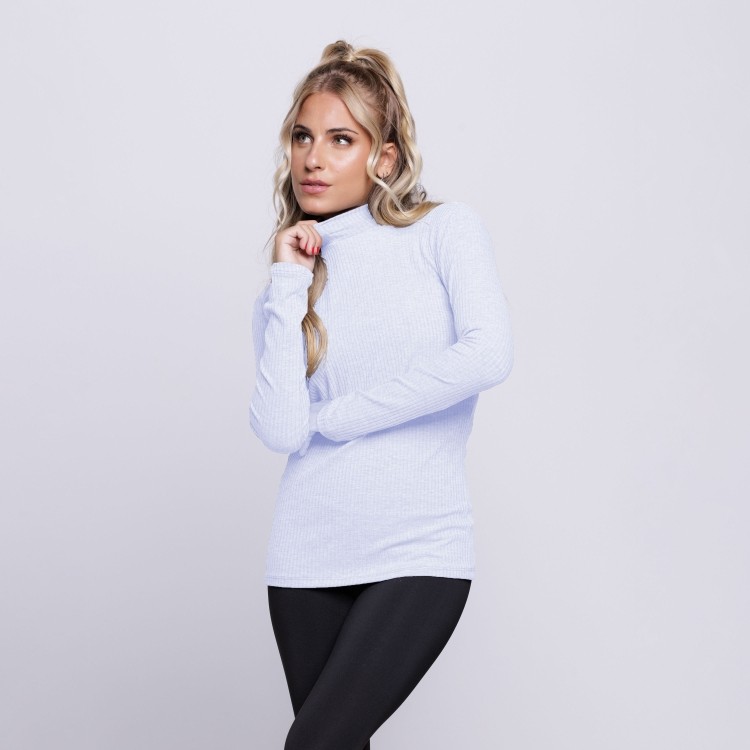 Blusa Canelada Gola Alta Manga Longa Branco