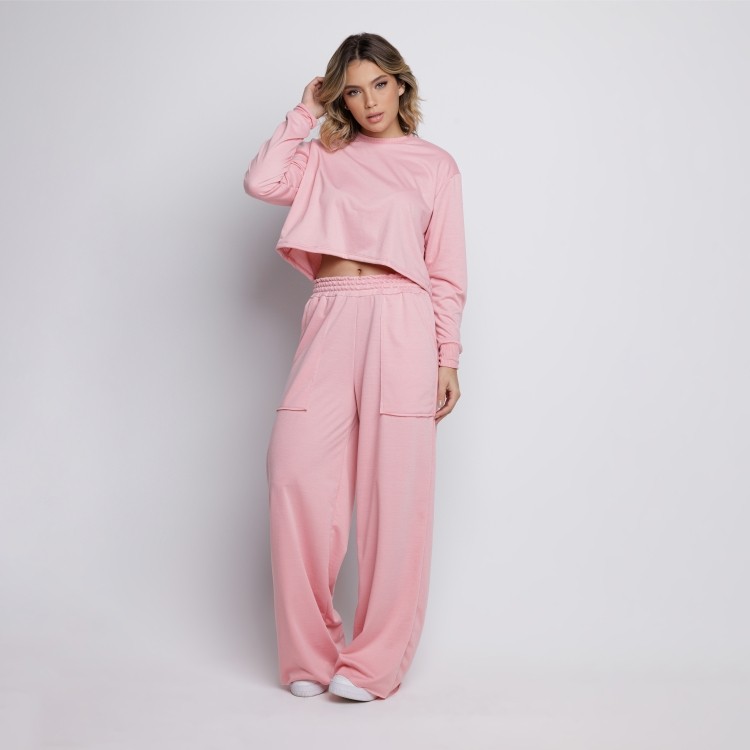 Calça Wide Leg Pantalona Cintura Alta Bolso Moletinho Rosa