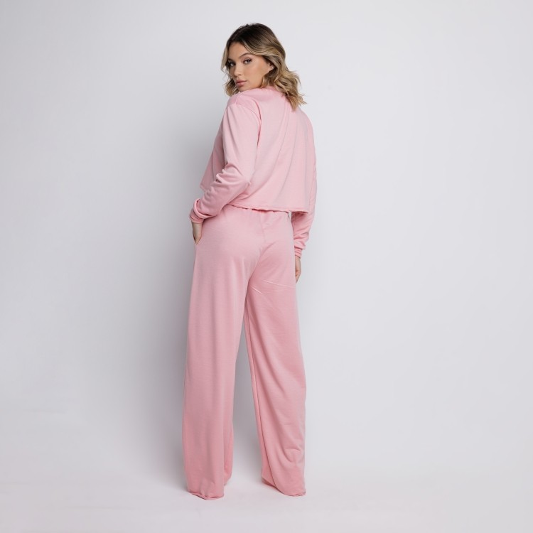 Calça Wide Leg Pantalona Cintura Alta Bolso Moletinho Rosa