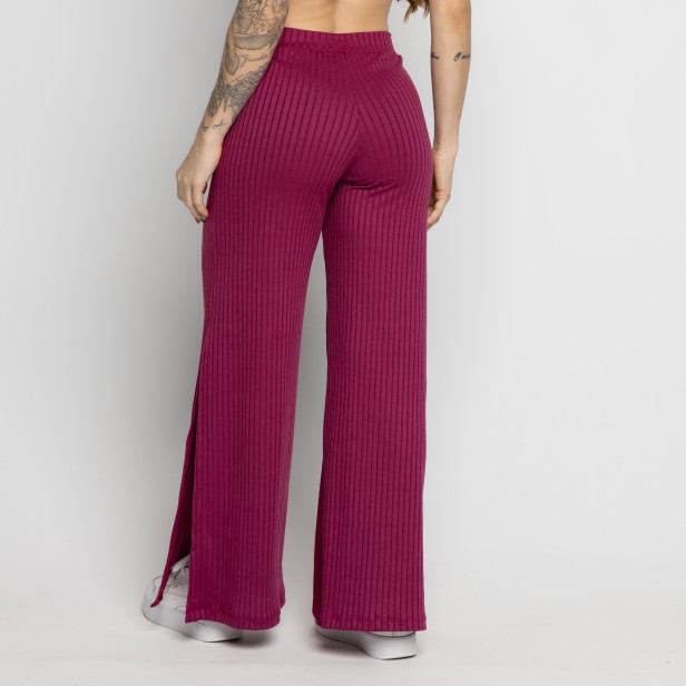 Calça Flare Pantalona Cintura Alta Com Fenda Vinho