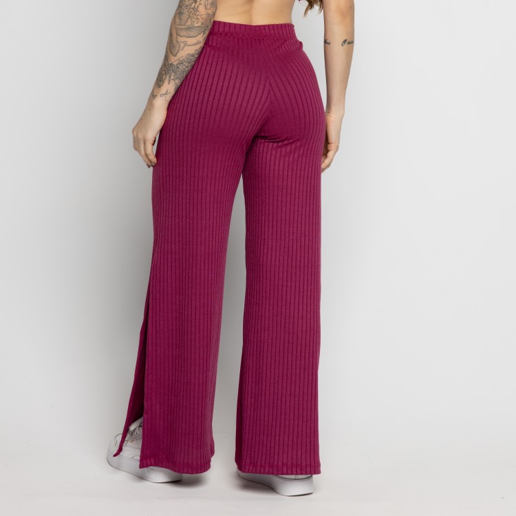 Calça Flare Pantalona Cintura Alta Com Fenda Vinho