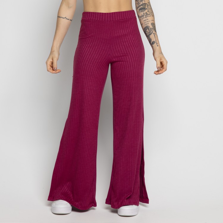Calça Flare Pantalona Cintura Alta Com Fenda Vinho