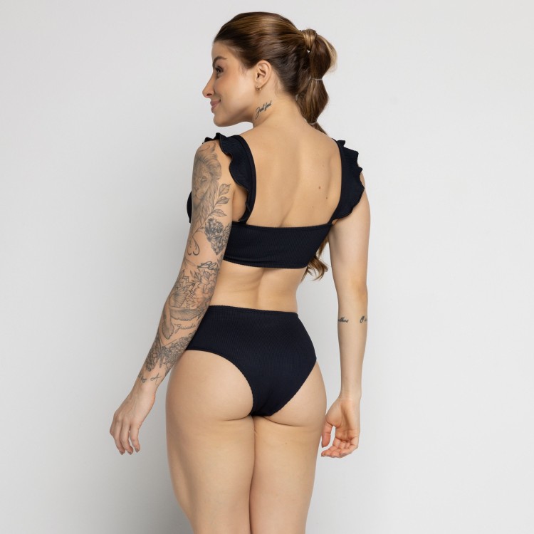 Biquíni Hot Pants Texturizado Com Babado Preto