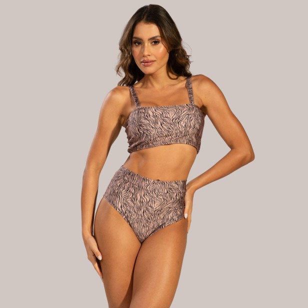 Biquíni Top Faixa Estampado Cintura Alta Bege